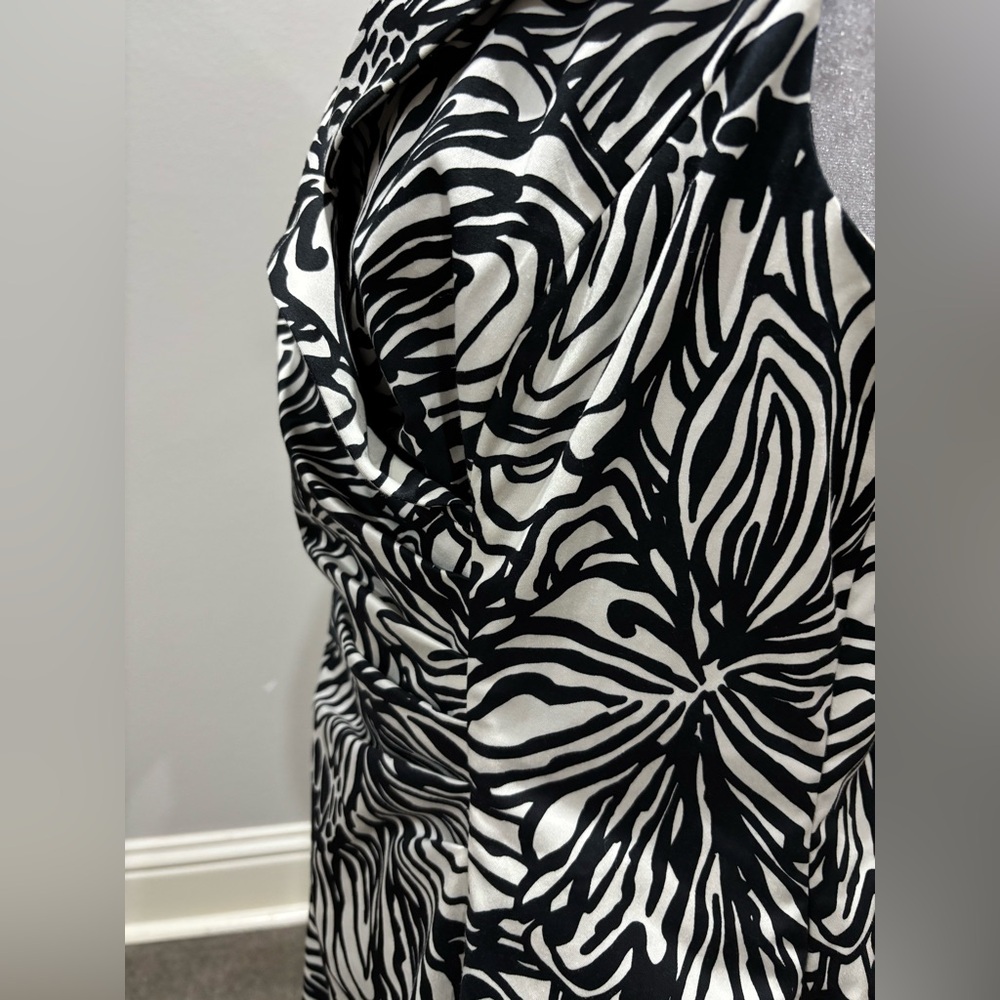 Jones NY Black & White Print Dress 14 Plus Sweetheart Neck Ruched Waist - Picture 3 of 10